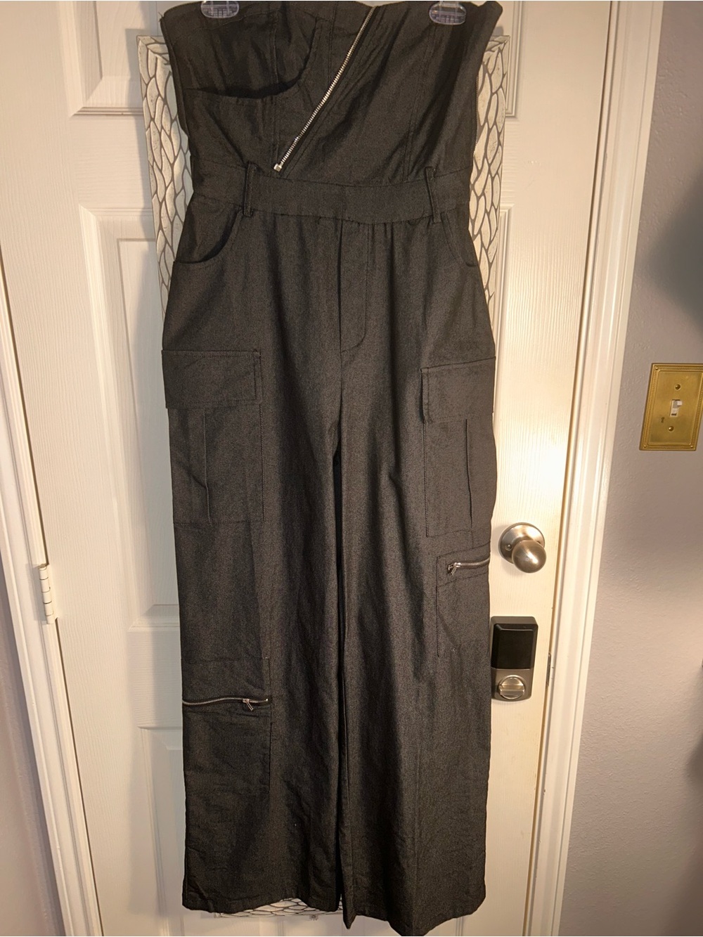 Fashion Nova Black Strapless Wide-Leg Jumpsuit with Cargo Pockets - Picture 3 of 14